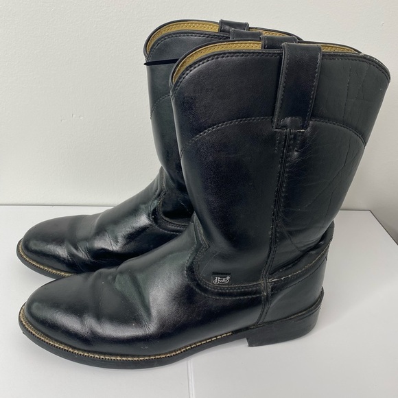 JUSTIN Western Cowboy Men's Black Leather Boots 9 Pictured AS IS - Picture 7 of 10